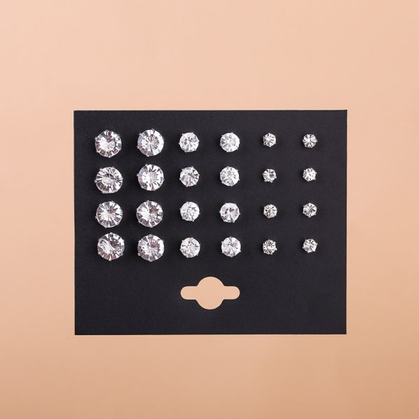 Round Six-claw Crystal Zircon Card Pack 12 Pairs Of Ear Studs