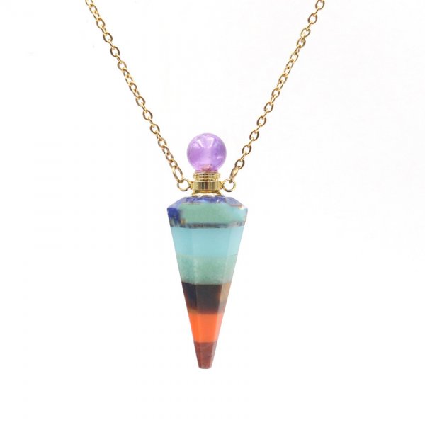 Natural Seven-color Stitching Crystal Stone Hexagonal Cone Perfume Essential Oil Bottle Pendant Necklace